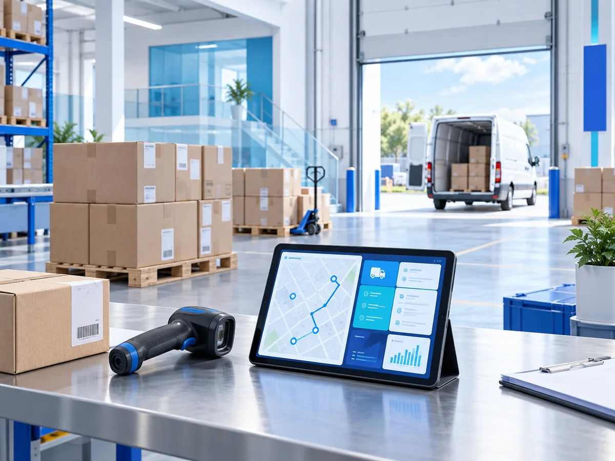 Distribution concept with a dispatch tablet, warehouse cartons and delivery van