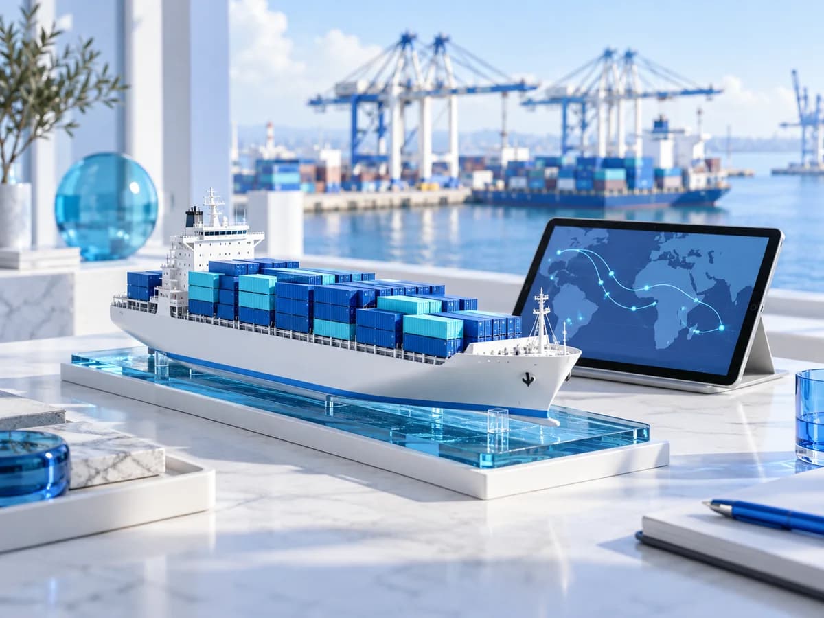 Logistics concept with a container ship model and a route planning tablet