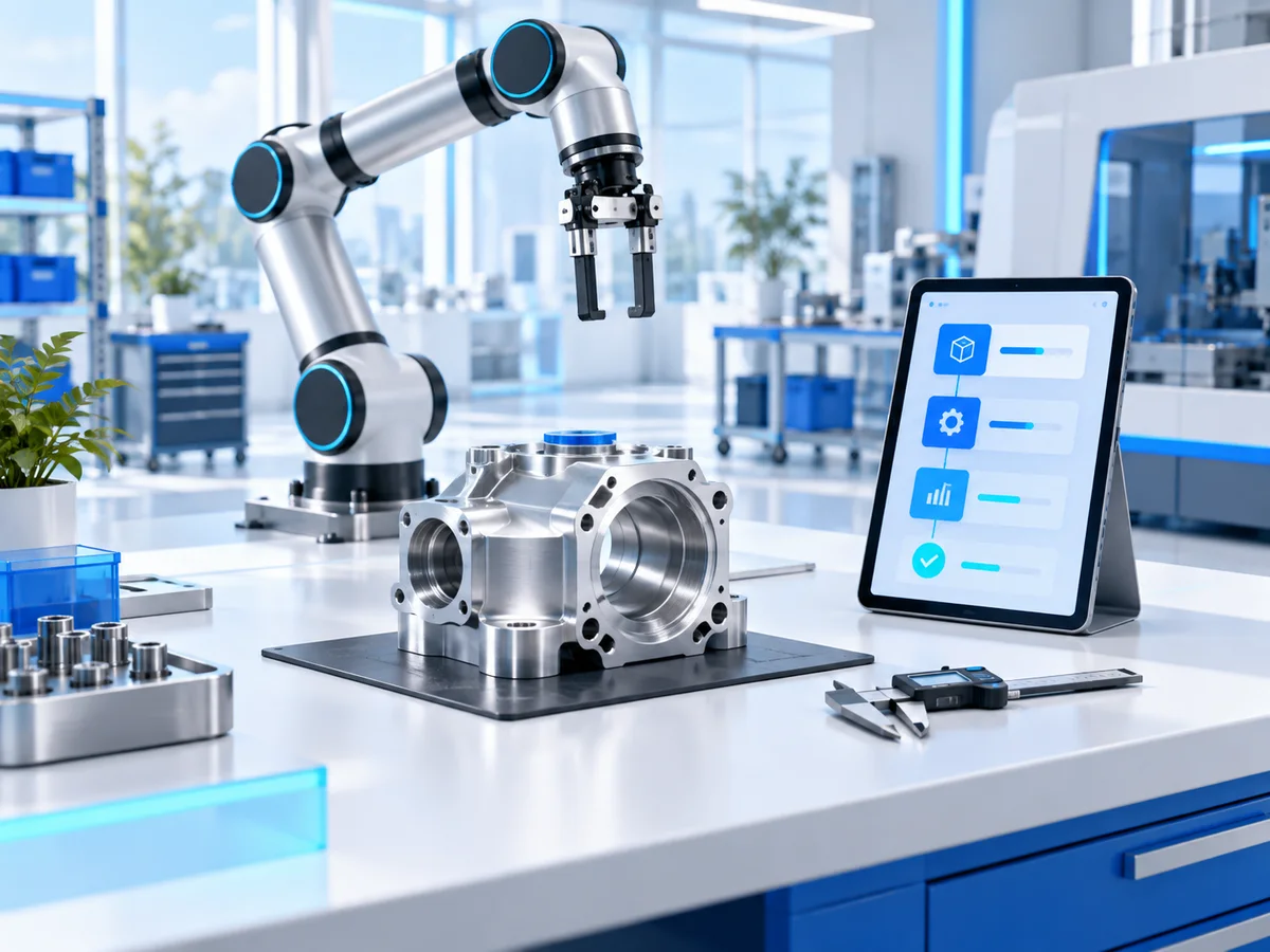 Manufacturing concept with a robotic arm, machined component and production tablet