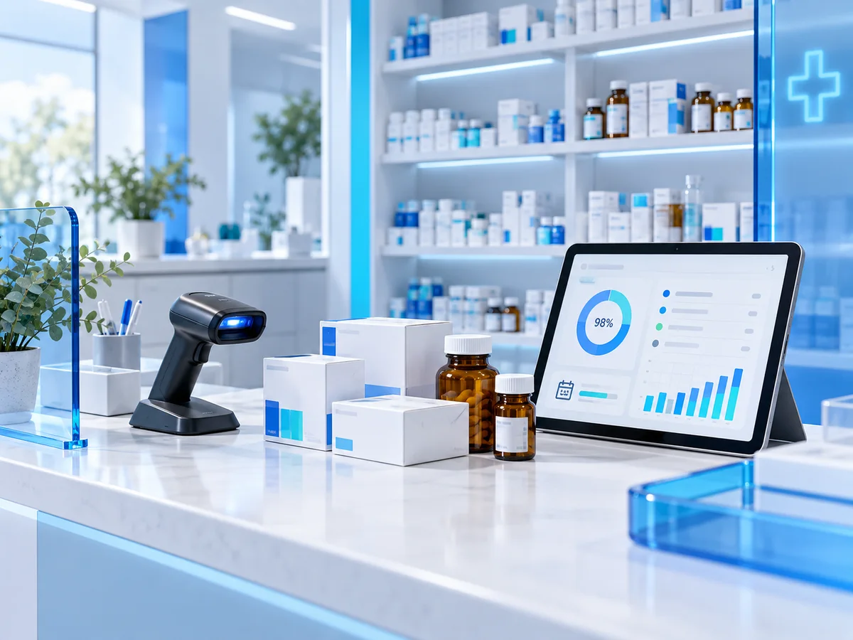 Pharmacy inventory concept with medicine cartons, scanner and a stock tablet