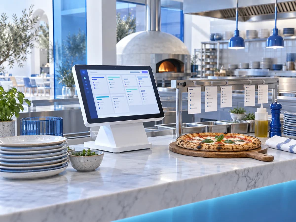 Restaurant software concept with a kitchen order screen and pizza counter