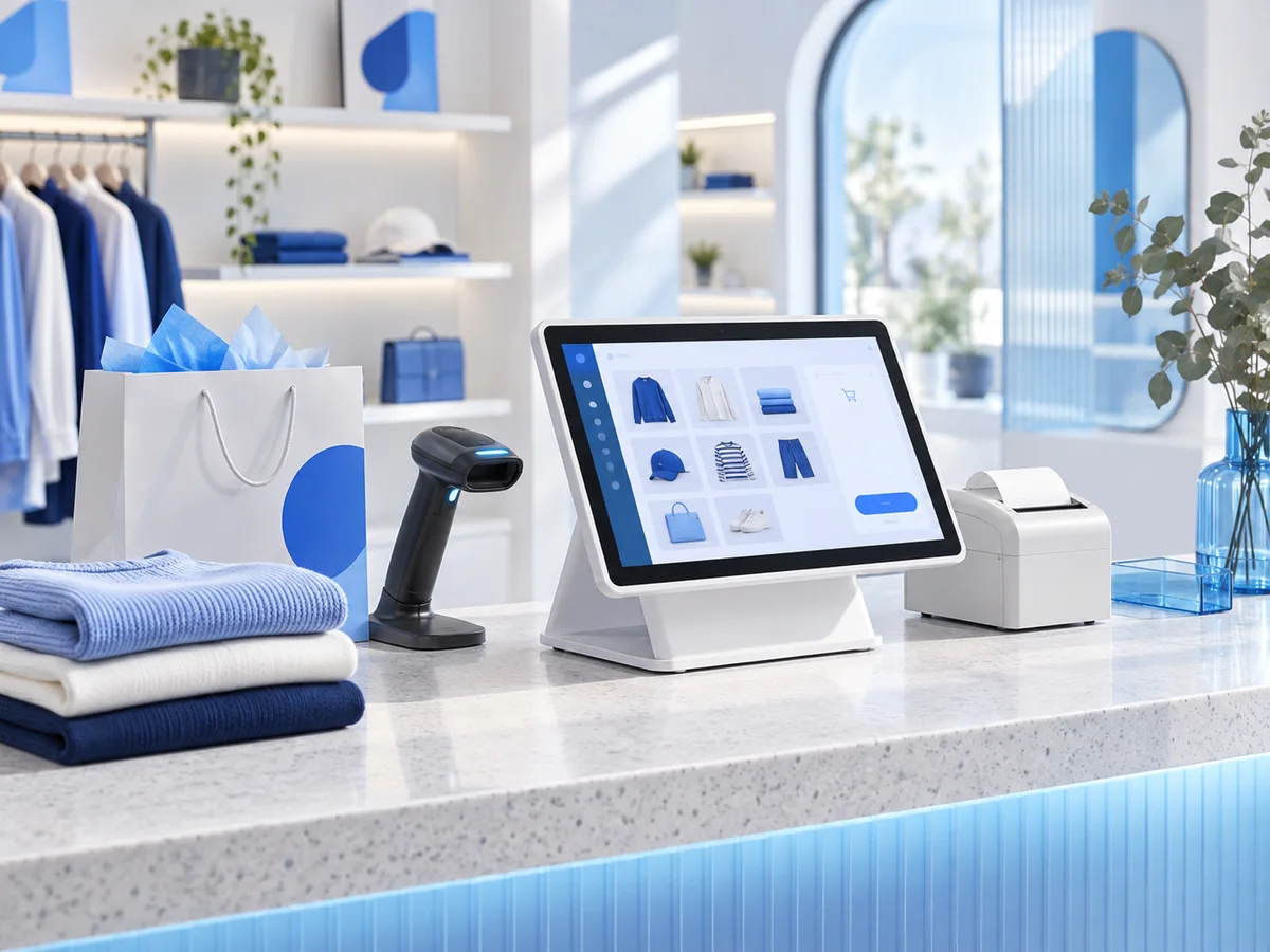 Retail checkout concept with a touchscreen POS, scanner and folded clothing