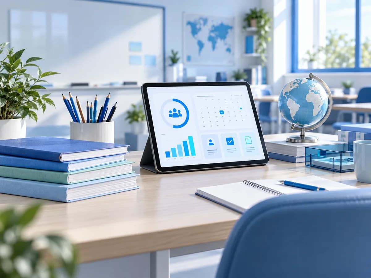 School administration concept with an attendance tablet, books and a globe
