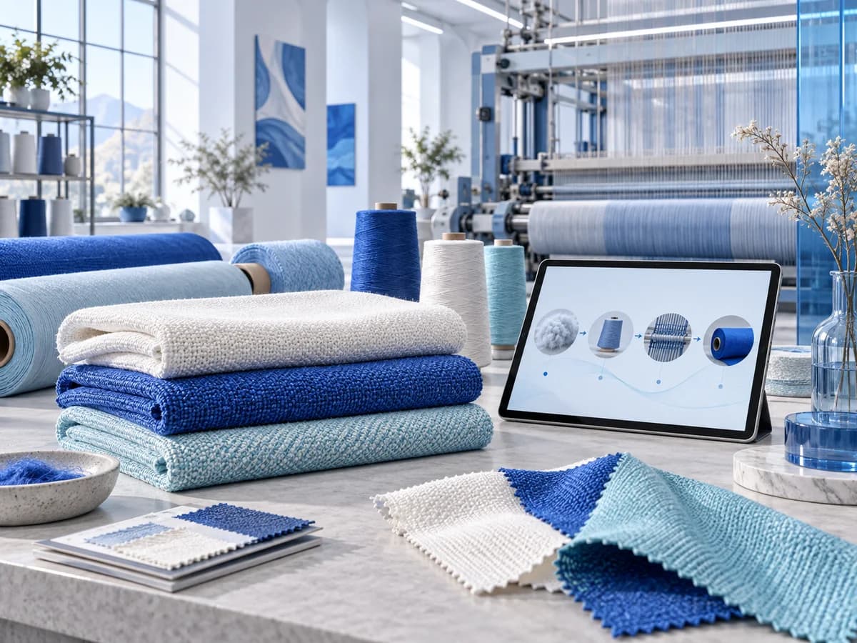 Textile production concept with woven fabric, thread and a workflow tablet