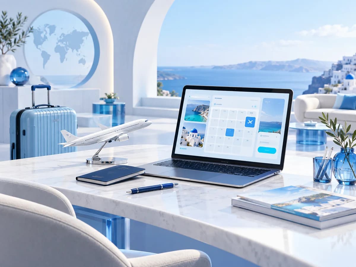 Travel booking concept with a laptop, aircraft model and suitcase